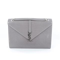 YVES SAINT LAURENT Crocodile Embossed Grey Leather Envelope Bag